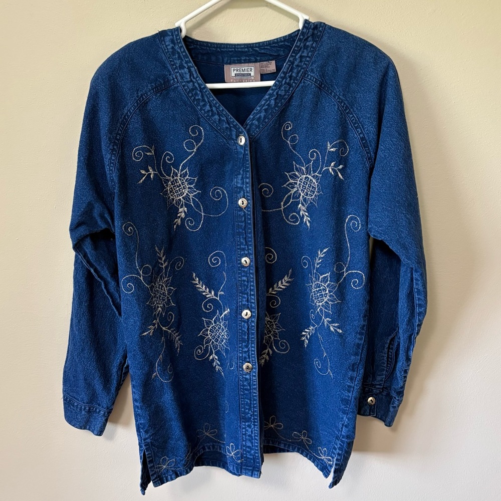 Vintage Denim Button Down Top Gold Embroidery Cotton Large
